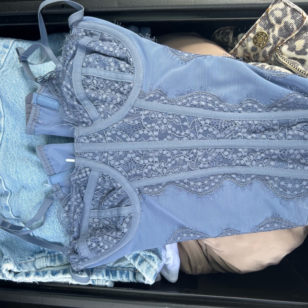 Lace Trim Blue Bodysuit